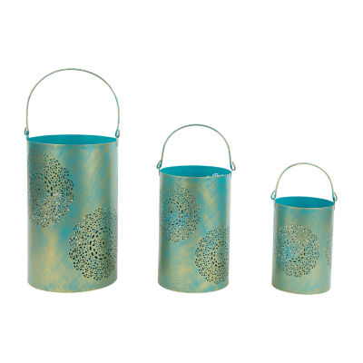 Set of 3 Turquoise Blue and Gold Decorative Floral Cut-Out Pillar Candle Lanterns 10"