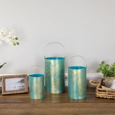 Set of 3 Turquoise Blue and Gold Decorative Floral Cut-Out Pillar Candle Lanterns 10"