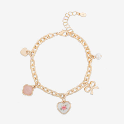Bijoux Bar Delicates Gold Tone Womens Simulated Pearl Bow Clover Flower Charm Bracelet