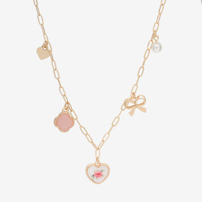 Bijoux Bar Delicates Gold Tone Womens Simulated Pearl Bow Clover Flower 16 Inch Pendant Necklace
