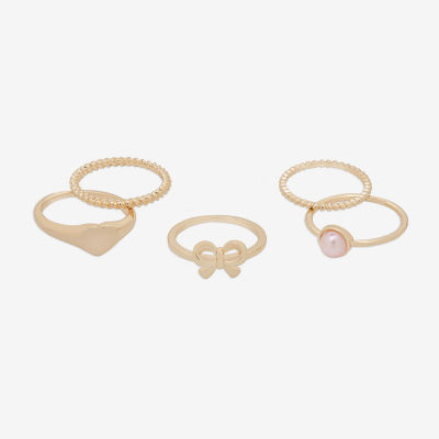 Bijoux Bar Gold Tone Womens Simulated Pearl Bow Heart Ring Set
