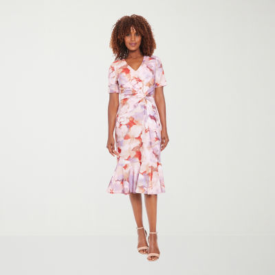 London Times Womens Short Sleeve Midi Floral Sheath Dress
