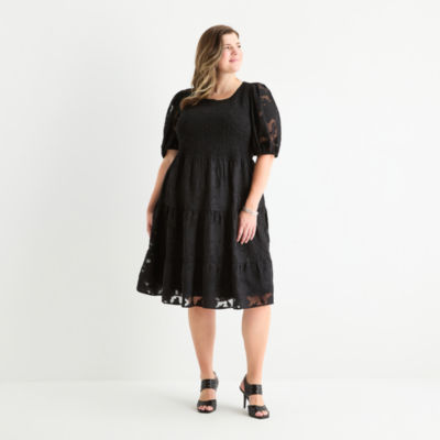 Sandra Darren Womens Short Sleeve Floral Fit + Flare Dress Plus