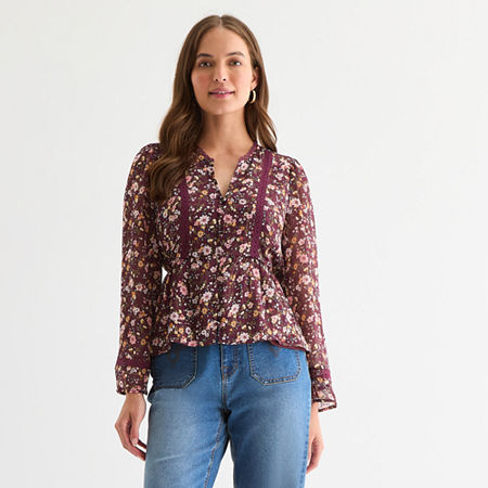 Frye and Co. Womens Split Crew Neck Long Sleeve Blouse, Large, Red