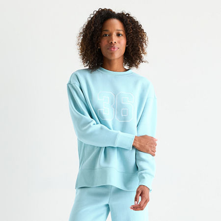 Xersion Womens Oversized Super Soft Fleece Graphic Crewneck Sweatshirt, Medium, Blue