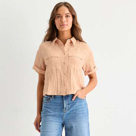 a.n.a Utility Womens Short Sleeve Blouse, Medium, Beige