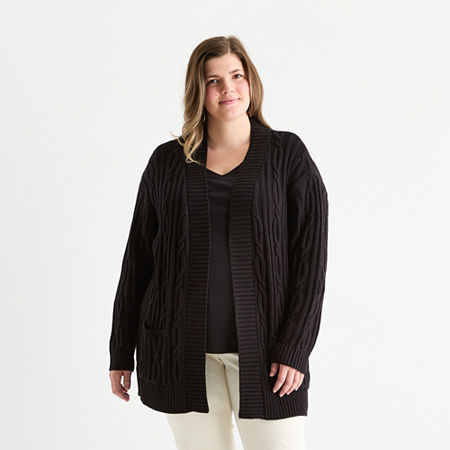 St. John's Bay Plus Womens Long Sleeve Cable Knit Cardigan In Black
