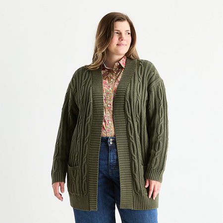 St. John's Bay Plus Womens Long Sleeve Cable Knit Cardigan In Green