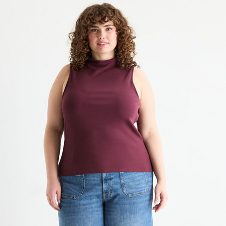 a.n.a Ribbed Womens Funnel Neck Sleeveless Plus T-Shirt, 2x, Purple