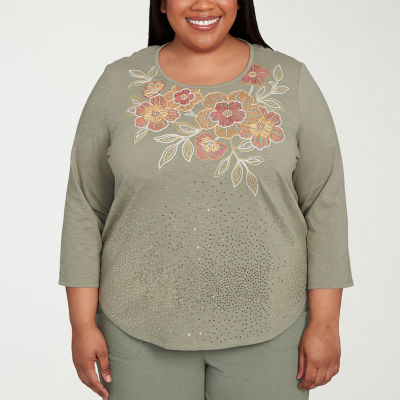 Alfred Dunner Copper Canyon Womens Plus Crew Neck 3/4 Sleeve T-Shirt