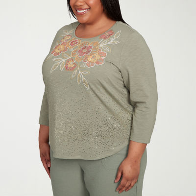 Alfred Dunner Copper Canyon Womens Plus Crew Neck 3/4 Sleeve T-Shirt