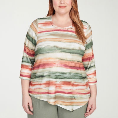 Alfred Dunner Copper Canyon Womens Plus Crew Neck 3/4 Sleeve T-Shirt
