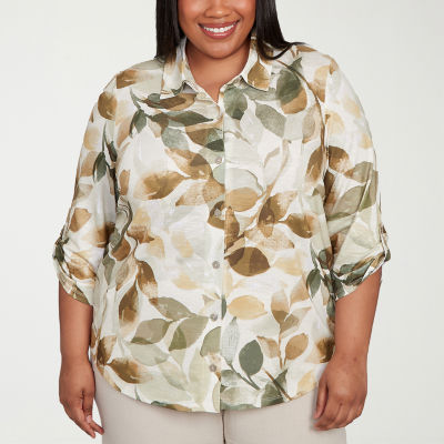 Alfred Dunner Copper Canyon Womens 3/4 Sleeve Roll Tab Plus Button-Down Shirt