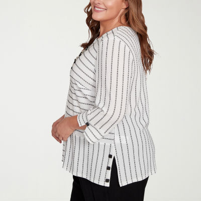 Alfred Dunner Santa Barbara Womens Plus Crew Neck 3/4 Sleeve T-Shirt
