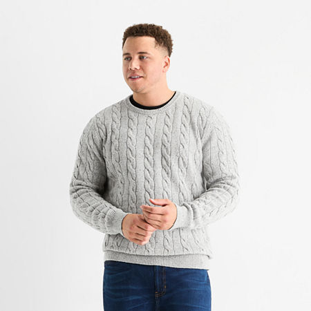 St. John's Bay Cable Big And Tall Mens Crew Neck Long Sleeve Pullover Sweater In Gray