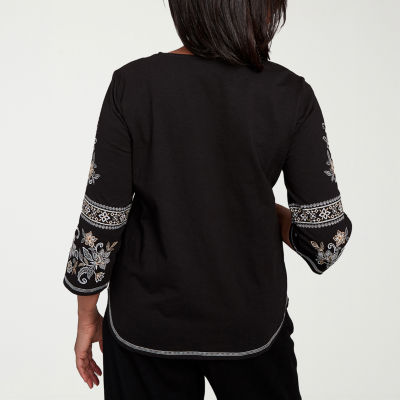 Alfred Dunner Santa Barbara Womens Split Crew Neck 3/4 Sleeve T-Shirt