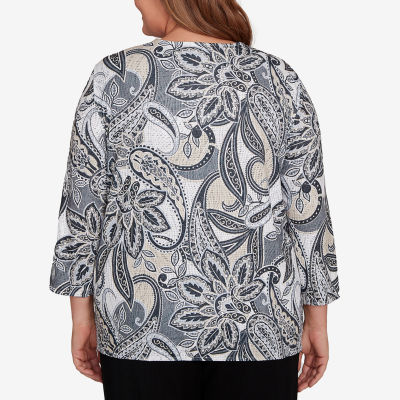Alfred Dunner Santa Barbara Womens Crew Neck 3/4 Sleeve Plus T-Shirt