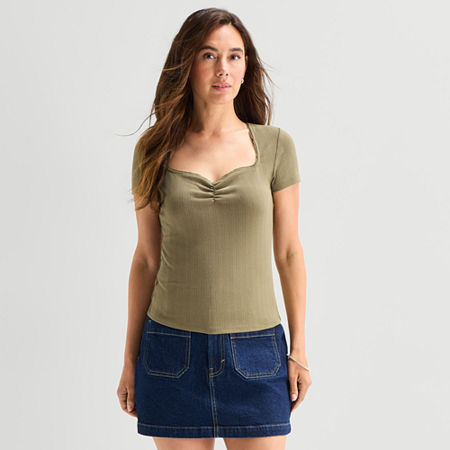 a.n.a Pointelle Womens Sweetheart Neck Short Sleeve T-Shirt, Small, Green