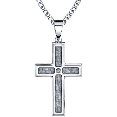 Mens Diamond-Accent Stainless Steel Cross Pendant Necklace, Color ...