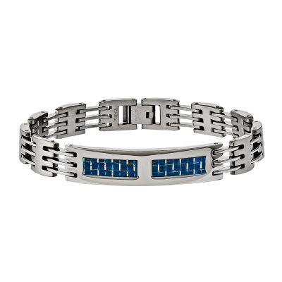 Mens Stainless Steel & Blue Carbon Fiber Chain Bracelet