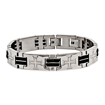 Men's Stainless Steel Cross and Black Silicone Bracelet 
