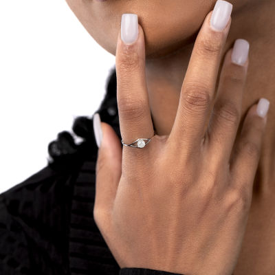 Silver Treasures Womens 2MM White Simulated Pearl Sterling Silver Diamond Band