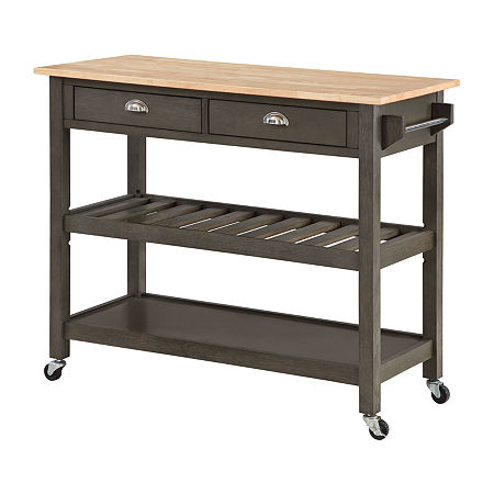 French Country Butcher Block Counter Top Kitchen Cart With Wine Rack, One Size, Gray