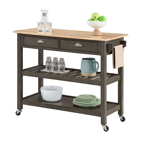 French Country Butcher Block Counter Top Kitchen Cart With Wine Rack, One Size, Gray