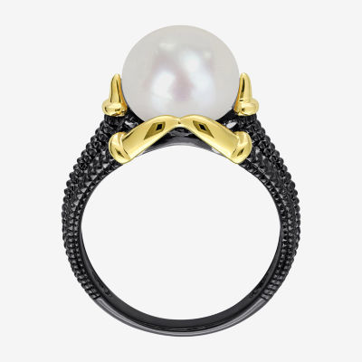 Mens 10-11MM Dyed White Cultured Freshwater Pearl 18K Gold Over Silver Solitaire Fashion Ring
