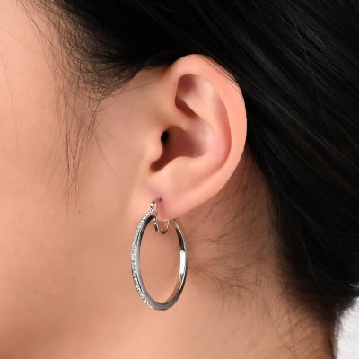 Womens White Crystal Sterling Silver 31.8mm Hoop Earrings