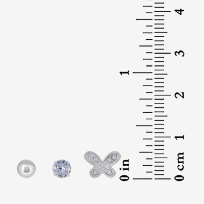 Womens Cubic Zirconia Sterling Silver Ball 3 Pair Earring Set