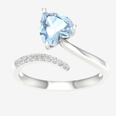 Womens Genuine Blue Aquamarine 10K Gold Heart Cocktail Ring