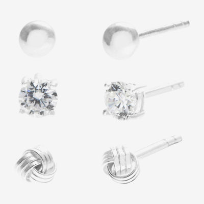 Silver Treasures Sterling Silver 3 Pair Cubic Zirconia Knot Earring Set