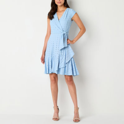 Robbie Bee Short Sleeve Eyelet Fit + Flare Dress, Color Sky Blue