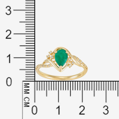 Womens Diamond Accent Genuine Green Emerald 10K Gold Pear Cocktail Ring