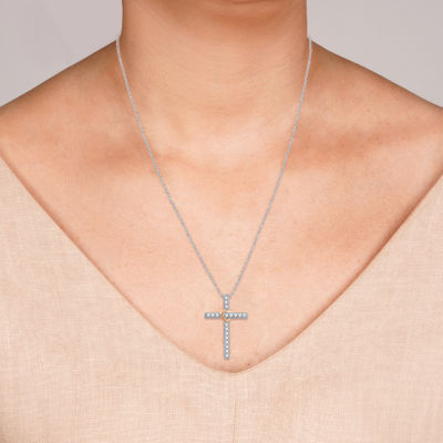 Womens 1/4 CT. T.W. Lab Grown White Diamond 14K Rose Gold Over Silver Sterling Silver Cross Pendant Necklace