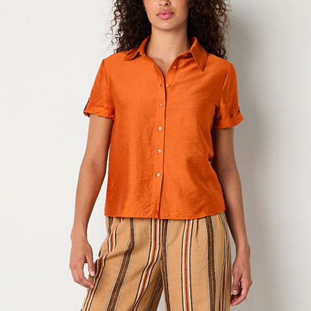 Worthington Womens Short Sleeve Regular Fit Button-Down Shirt, Large, Orange