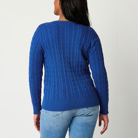 St. John's Bay Womens Crew Neck Long Sleeve Cable Knit Pullover Sweater, Petite Large, Blue