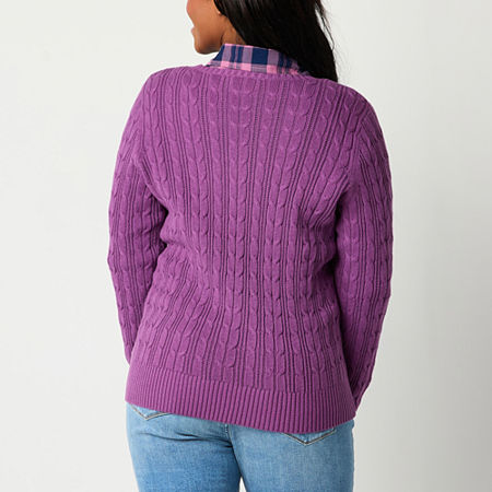 St. John's Bay Womens Crew Neck Long Sleeve Cable Knit Pullover Sweater, Petite Large, Purple