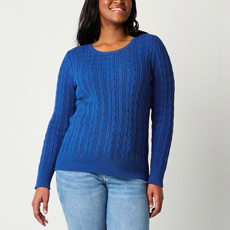 St. John's Bay Womens Crew Neck Long Sleeve Cable Knit Pullover Sweater, X-small, Blue