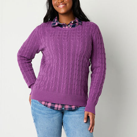 St. John's Bay Womens Crew Neck Long Sleeve Cable Knit Pullover Sweater, Petite Large, Purple