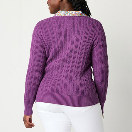 St. John's Bay Womens V Neck Long Sleeve Cable Knit Pullover Sweater, Petite Small, Purple