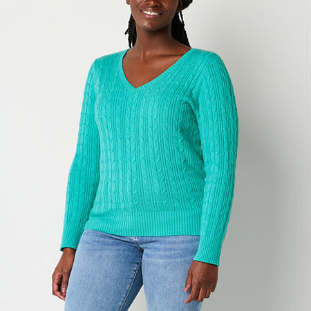 St. John's Bay Womens V Neck Long Sleeve Cable Knit Pullover Sweater, Petite X-large, Blue