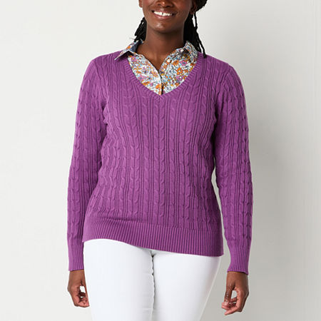 St. John's Bay Womens V Neck Long Sleeve Cable Knit Pullover Sweater, Petite Small, Purple