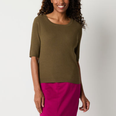 Liz Claiborne Plus Womens Round Neck Elbow Sleeve Pullover Sweater