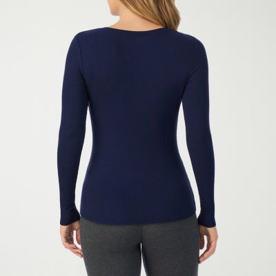 Cuddl Duds Womens Stretch Rib Henley Crew Neck Long Sleeve Thermal Shirt