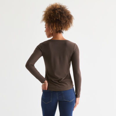 a.n.a Womens Henley Neck Long Sleeve T-Shirt