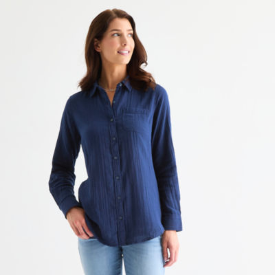 St. John's Bay Womens Long Sleeve Regular Fit Button-Down Shirt