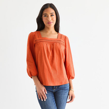 St. John's Bay Womens Square Neck 3/4 Sleeve Blouse, Petite Medium, Orange
