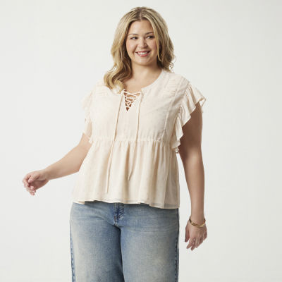 JS Jessica Simpson Womens Plus Split Tie Neck Sleeveless Blouse